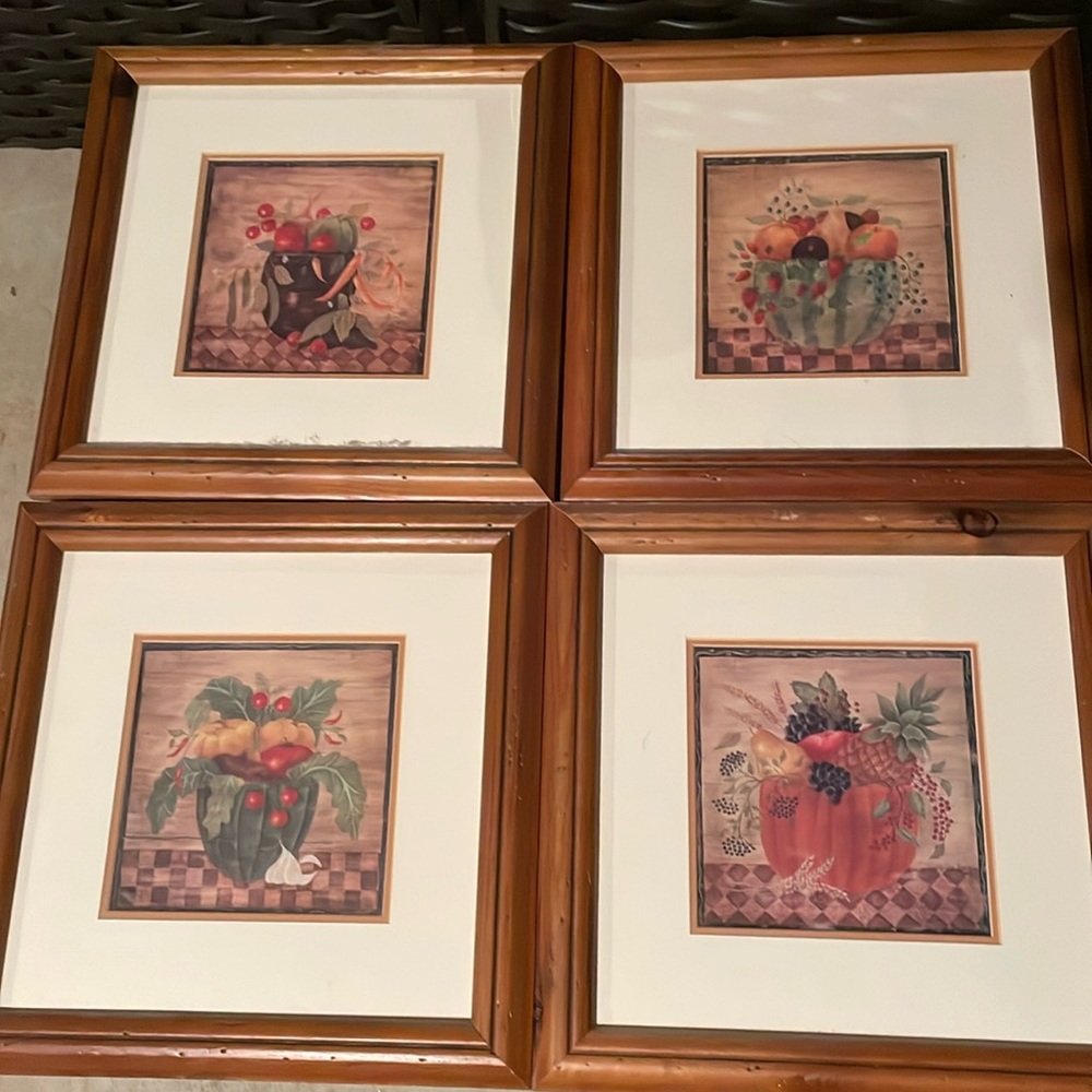 Set of 4 12x12 framed in genuine wood fruit/vegetable prints